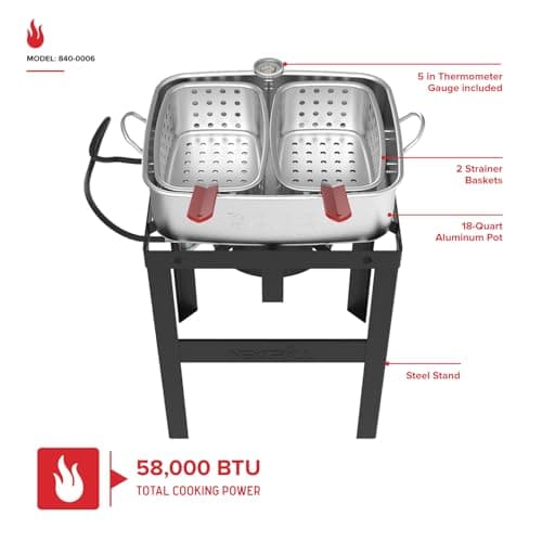 Nexgrill 18 Qt Aluminum Fish Fryer with Crawfish Boiler Pot & Double Strainer Basket for Poultry, Seafood, and More, 58,000 BTU Outdoor Deep Fryer, Welded Steel Stand & Included Thermometer - 840-0006