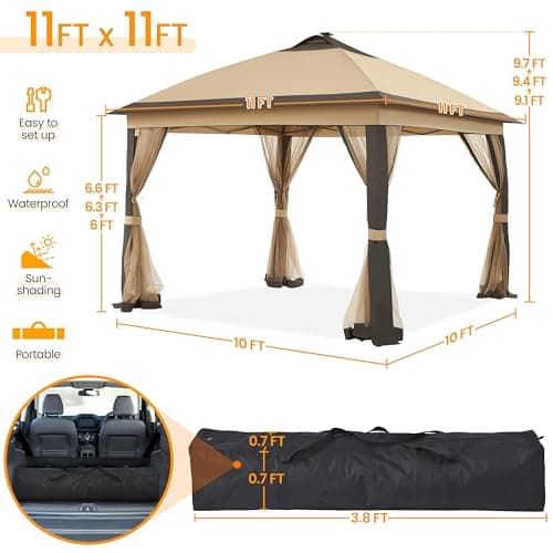 Yaheetech 11'x11' Pop Up Gazebo Instant Tent with 17 Solar LED Lights & Zippered Mesh Netting, Outdoor Shelter Sun Shade Gazebo with Sandbags for Backyard Garden Patio, Khaki & Brown
