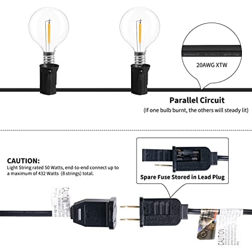 Brightown Led String Lights Outdoor 50Feet G40 Patio Lights with 52 Led Shatterproof Bulbs(2 Spare), Waterproof Led Globe Hanging Lights for Backyard Porch Bistro Balcony Decor, E12 Socket, 2200K