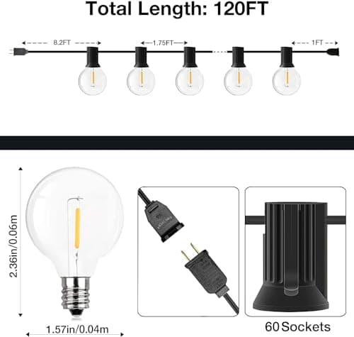 GPATIO 120FT Outdoor String Lights, Waterproof Patio Lights with 64 Hanging Globe G40 Bulbs, 2700k Shatterproof for Backyard Balcony Party Camping Outside Decor