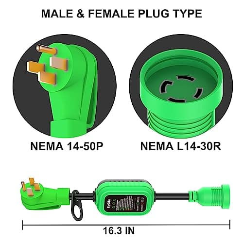 EyGde 50 Amp to 4 Prong 30 Amp Generator Adapter with Surge Protector - Patented NEMA 14-50P Twist Lock Male to L14-30R Female Plug, STW Cord with Circuit Analyzer for Generator