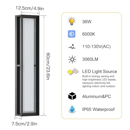 Outdoor Wall Sconce Lights,2Packs 10%-100% Dimmable LED Modern Porch & Patio Wall Light Fixture, 23.6in Black Exterior Sconce Wall Mounted Lights Suitable for Garage Courtyard House(6000K)
