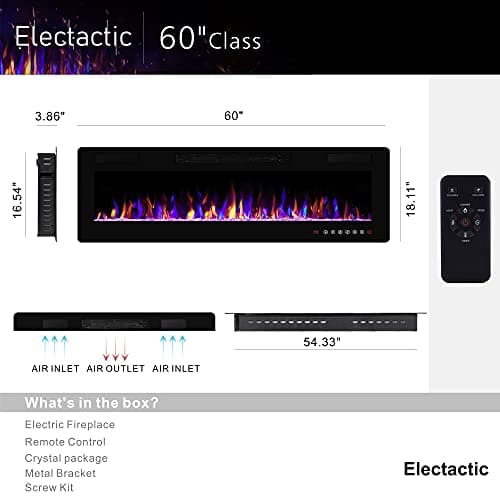 60 inches Electric Fireplace Recessed and Wall Mounted, Fireplace Heater and Linear Fireplace, with Timer, Remote Control, Adjustable Flame Color, 750w/1500w, Black
