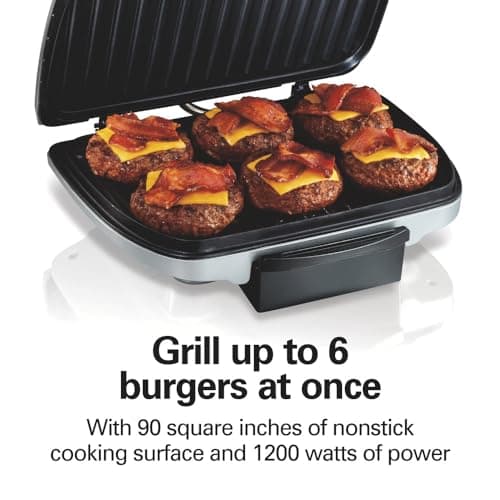 Hamilton Beach Electric Indoor Grill, 6-Serving, Large 90 sq. in. Nonstick Easy Clean Plates, Floating Hinge for Thicker Foods, 1200 Watts, 6.38"D x 12.68"W x 13.78"H , Silver (25371)