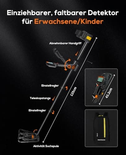 Metal Detector for Adults Waterproof - Cordless Gold Detector with LCD Display, Retractable Foldable Higher Accuracy Metal Detector with 10" IP68 Coil - Orange