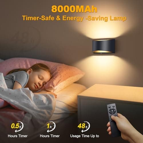 Battery Operated Wall Sconce with Remote Control,No Hardwired Wall Sconces Set of Two,3000K-6500K,Dimmable LED Wall Lamps,50W Equivalent Wall Lights for for Bedroom, Living Room, Hallway