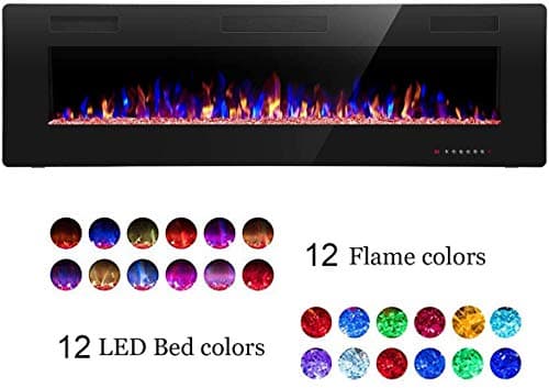 R.W.FLAME 60" Recessed and Wall Mounted Electric Fireplace, Low Noise, Fit for 2 x 6 Stud, Remote Control with Timer, Touch Screen, Adjustable Flame Color and Speed, 750-1500W