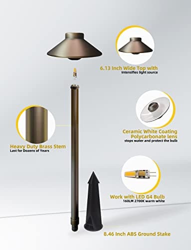 COLOER Brass Low Voltage Outdoor Path Lights 4-Pack with 2W LED G4 Bulb,12V Waterproof China Hat Pathway Lighting for Yard, Patio, Landscape, Planter, Walkway(602B)