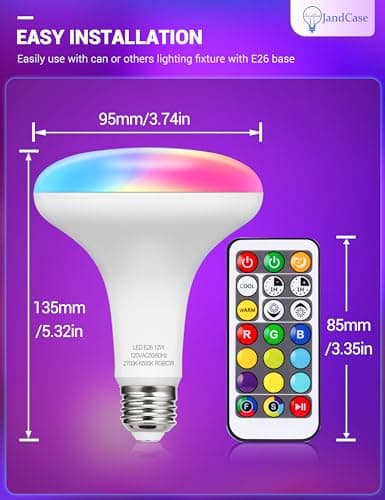 JandCase BR30 Color Changing Light Bulb, RGB+Warm+Cool White LED Flood Lights, 12W(100W Equivalent), 1050lm, Remote Control, Dimmable Multi-Color Can Light Bulbs for Ceiling, E26 Base, 2 Pack