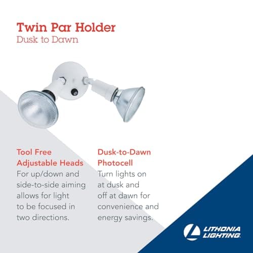 Lithonia Lighting Adjustable Dusk Dawn Security Light, Twin Par Outdoor Flood Light Holder, Photocell Sensor, 120 Volts, Uses 2 Lamps Up to 150W (Not Included), White (OFTH 300PR 120 P WH M12)