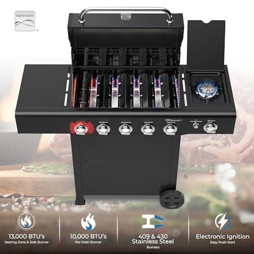 Kenmore BBQ Propane Gas Grill - 5 Burners with Side Burner & Searing Zone, 644 Sq. In. Stainless Steel Grill, 66,000 BTU, Ideal for Outdoor Cooking, Patio & Backyard, Black