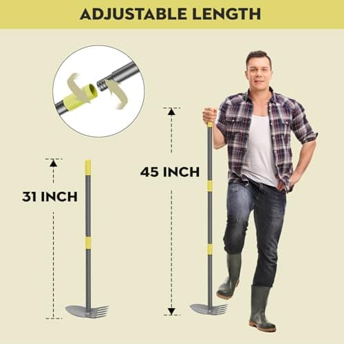Garden Hoe, 17 to 45 Inch Hoe Garden Tools with Adjustable Handle Length, 2 in 1 Weeding Tool with 5 Tooth Rake, Hoe Garden Tool for Loosening Soil, Planting, Weeding