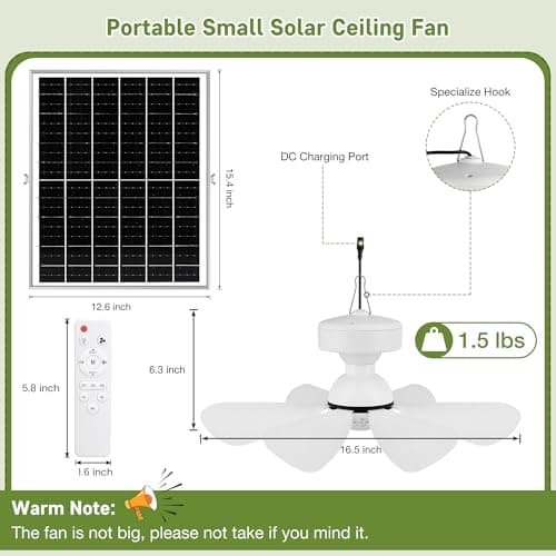 Solar Ceiling Fan Kit, 25W Solar Powered Rechargeable Ceiling Fan with Light for Outdoor Gazebo Canopy Tent, with 32Wh/10000mAh Battery Backup, Remote Control