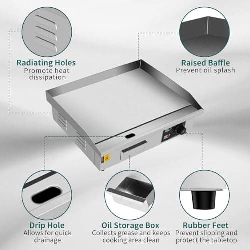 Commercial Electric Griddle 22", Flat Top Grill, Countertop Griddle, 1600W 110V, Non-Stick Stainless Steel Teppanyaki Grill, Adjustable Temperature Control 122℉-572℉ for Restaurant Kitchen
