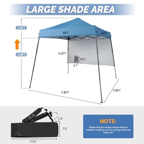 VINGLI 6x6 ft Pop Up Canopy Tent, Outdoor Small Gazebo With Backpack, Patio Slant Leg With 1 Sidewall, Portable Easy Up (Blue)