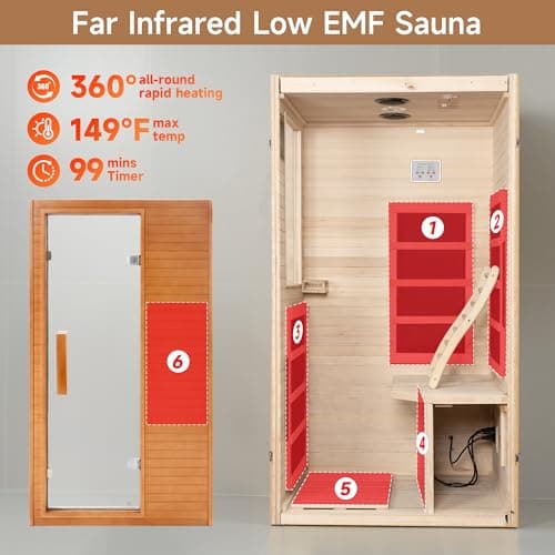 Real Relax Far Infrared Sauna, Home Indoor Sauna Room Canadian Hemlock Wooden Dry Saunas 950W 120V with Control Panel and 6 Low EMF Heaters Panels for Personal Spa