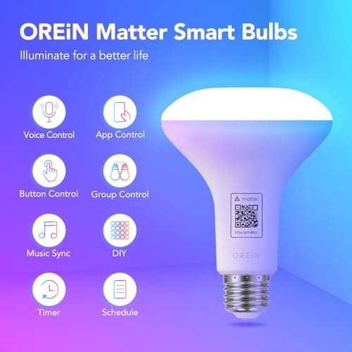 OREiN Matter Smart Light Bulb, BR30 Smart Light Bulbs 650LM 60W, Recessed Color Changing Bulbs RGBTW, Smart Flood Light Bulb Compatible with Alexa, Apple Home, Google Home, SmartThings, 4Pack