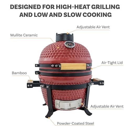 Sunnydaze 13” Kamado Portable Charcoal Grill with Smoker - Outdoor Ceramic Small BBQ Grill with Stand and Cooking Grate - Red