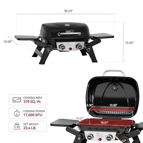 Royal Gourmet GT2005 2-Burner Portable Propane Gas Grill with Foldable Side Tables & Foldable Support Legs, Tabletop Gas Grill with Warming Rack for for Outdoor Cooking & Grilling, Black