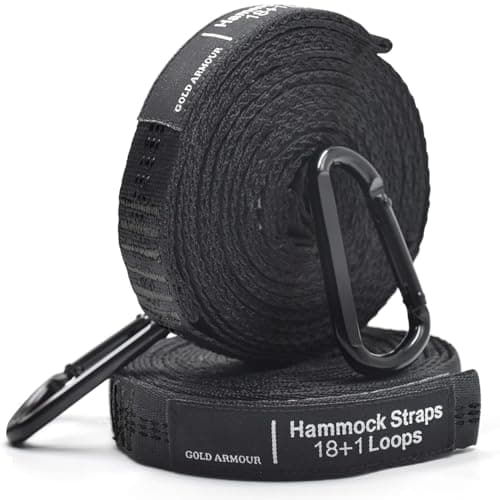 Gold Armour Hammock Straps XL Combined 20 Ft Long, 36 Loops with 2 Carabiners - Must Have Camping Hammock Accessories & Gear to Hang Camping Hammocks (Black with Black Stitching)