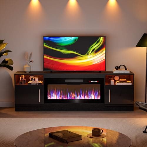 VITESSE Fireplace with TV Stand 36" inch Electric Fireplace Up to 80" TVs, LED Light Entertainment Center, 70" Modern Wood High Gloss with Highlight Storage Cabinet for Living Room (Black)