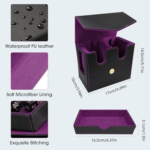 Deck Box MTG with Handle, 2 Commander Displays, 3-in-1 Card Deck Box Fits 236+ Double-sleeved Cards, Magnet Organizer with Dice Tray, 2 Card Holders, 6 Dividers for TCG, CCG -Black Purple(Patent)