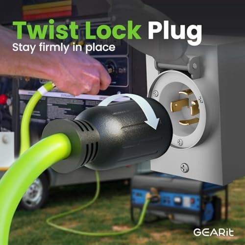 GEARit 30-Amp Generator Extension Cord, 120/250-Volt, 4-Prong, 7500W, NEMA L14-30P/L L14-30R, 10 Gauge SJTW Locking Power Cord for Manual Transfer Switch, Portable Generator, Power Outage, 6 Ft, Green