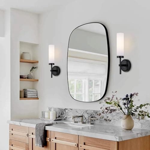 Black Bathroom Wall Sconces Set of 2, Modern Sconces Wall Lighting Vanity Lights with Opal White Glass Shade, Farmhouse Wall Mount Lamp for Mirror Living Room Bedroom Hallway Kitchen Stairs