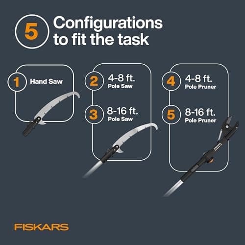 Fiskars XtendControl Extendable Tree Pruner (16 ft), Adjustable Branch Trimmer with Rotating Pruning Head, 15" X3 Double-Hooked Saw, 4-8 ft Extension Poles & Automatic Cord Reel for Precision Cutting