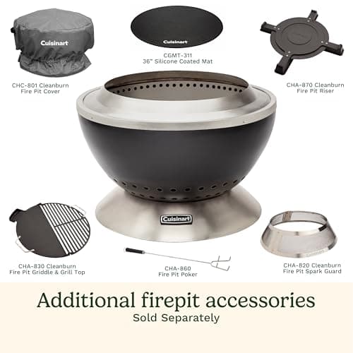 Cuisinart 24” Cleanburn Smokeless Fire Pit with Removable Base for Ash, Portable Outdoor Wood Burning Fireplace, Smoke Free Stainless Steel Outdoor Heater, Enhanced Airflow and Easy Cleanup