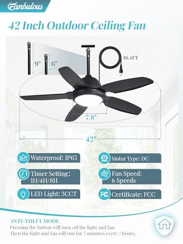 42 Inch Waterproof Outdoor Ceiling Fan with Lights and Remote,IP65 Hanging Gazebo Fan with 3CCT 6-Speed DC Motor,Black Wet Rated Plug in Ceiling Fan with Cord for Patios Porch Pergola