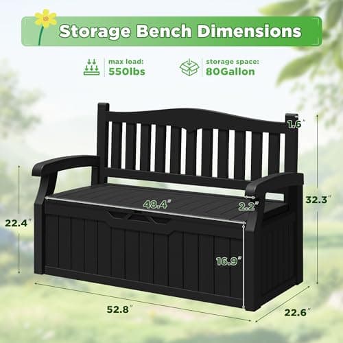 Greesum 80 Gallon Storage Bench Outdoor Deck Box with Armrest, Patio Furniture,Lockable, Waterproof and UV Resistant, Suitable for Garden, Pool, Black