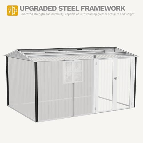 DWVO 12' x 8' Outdoor Storage Shed, Waterproof Metal Garden Shed with Windows, Lockable Doors, and Sloped Roof for Patio, Backyard, Lawn, Tool Storage, Bike Shed, Pet Shelter (Gray + White)