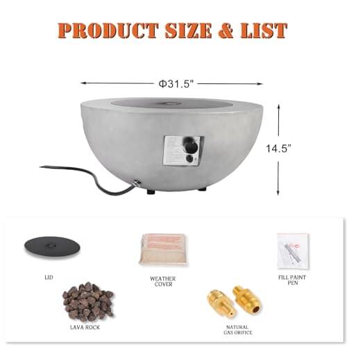 Outdoor Propane Fire Pit Table - 31.5 Inch Concrete Round Fire Table Bowl 50,000 BTU Gas FirePit Burner with Steel Lid, Lava Rocks, Rain Cover for Outside Patio, Backyard, Party