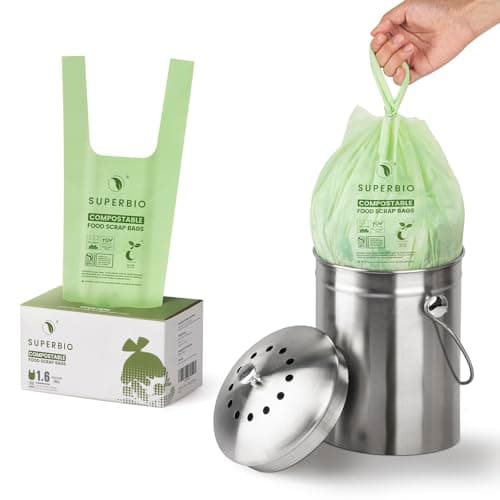 SUPERBIO 1.6 Gallon Handle Tie Compostable Food Scrap Bags For Counter Top Compost Bin, Small Compost Bags, 50 Count, 6 Liter, BPI & OK compost INDUSTRIAL Certified
