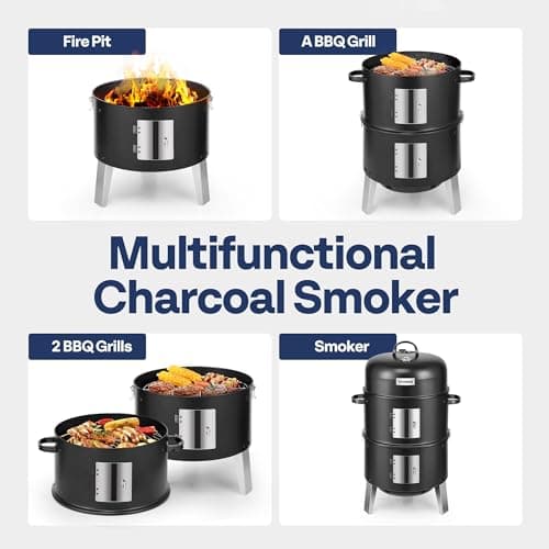 VIVOHOME 3-in-1 Vertical Charcoal Smoker, BBQ Smoker Grill with Built-in Thermometer, Air Vent, and 2 Access Doors, Idea for Parties, Backyard, Barbecues