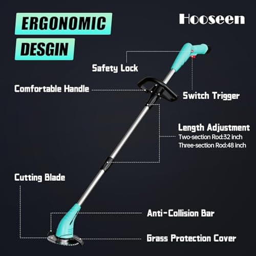 Cordless Lawn Trimmer Weed Wacker - HooSeen 12V Grass Trimmer Weed Cutter with 3 Types Blades, Hand Weeder, 2.0Ah Li-ion Battery Powered Weed Trimmer Grass Cutter for Garden and Yard