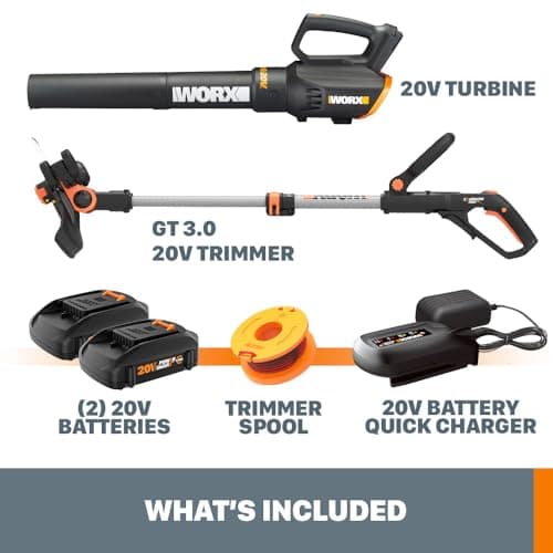 Worx 20V String Trimmer Cordless & Edger 3.0 + Leaf Blower Cordless with Battery and Charger Turbine, Black and Orange