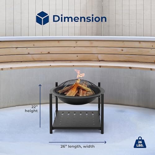 SereneLife 26" Outdoor Wood Fire Pit with BBQ Grill, Mesh Screen, and Wood Storage – Heavy-Duty Steel Frame, Heat-Resistant – Ideal for Bonfires, Camping, and Outdoor Cooking