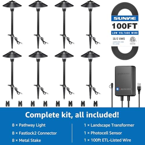 SUNVIE All-in-One LED Pathway Lighting Kit, 8-Pack Low Voltage Landscape Lights with Transformer and 100FT 16/2 AWG Wire, 3000K Waterproof Landscape Lighting with Connectors for Walkway Garden Yard