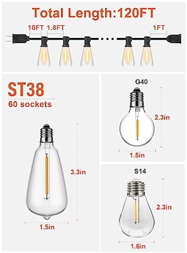 GPATIO 120FT Outdoor String Lights, Waterproof Patio Lights with 64 Hanging Lights ST38 Bulbs, 2700k Shatterproof for Backyard Gazebo Porch Garden Outside Decor