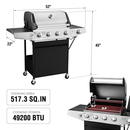 4 Burners Gas Grill with Side Burner, Propane Grill with Wheels and Storage, Outdoor Gas BBQ with Oil Tray and Thermometer for Patio and Party, 49200 BTU