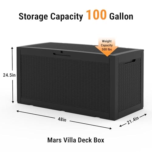 100 Gallon Waterproof Deck Box, Resin Outside Storage Box, Large Outdoor Storage Bin for Patio Furniture Cushions, Pool Supplies, Garden Tools, Weatherproof, Black
