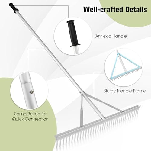 Goplus Landscape Rake 36 Inch, Aluminum Rake Head w/36 Tines and 68" Long Non-Slip Handle, Yard Rake Tool for Loosening & Leveling Soil, Landscaping Rake Beach Garden Lawn Care, Collecting Leaves