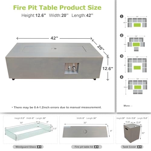 42" Rectangular Propane Fire Pit – 50,000 BTU Fire Table with Wind Guard Glass, Lid, Rocks and Cover – Backyard Fire Pits Outdoor – Propane Gas Fireplace for Deck or Patio (Grey, 42" Standard)
