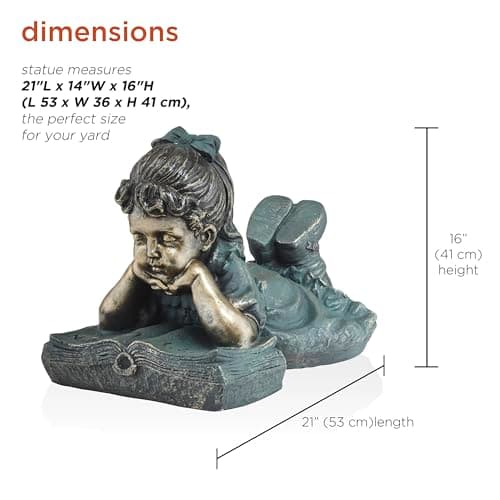 Alpine Corporation 16" Tall Indoor/Outdoor Girl Laying Down Reading Book Statue Set Yard Art Decoration
