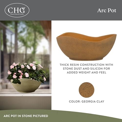 Classic Home and Garden Arc Unique Planter Bowl w/Drain Plug - UV Resistant Shallow Planter - Modern Plant Pot for Herbs (12” Georgia Clay)