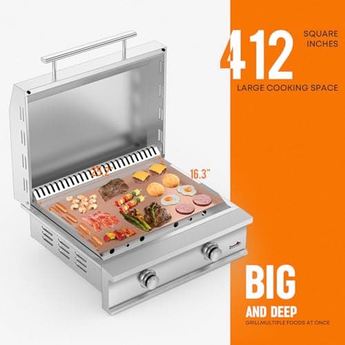 Stanbroil 28-Inch Premium Built-In Liquid Propane Griddle for Outdoor Kitchen Grill, Durable Stainless Steel 2-Burner Flat Top Grill with Lid for BBQ Island, 34,000 BTUs