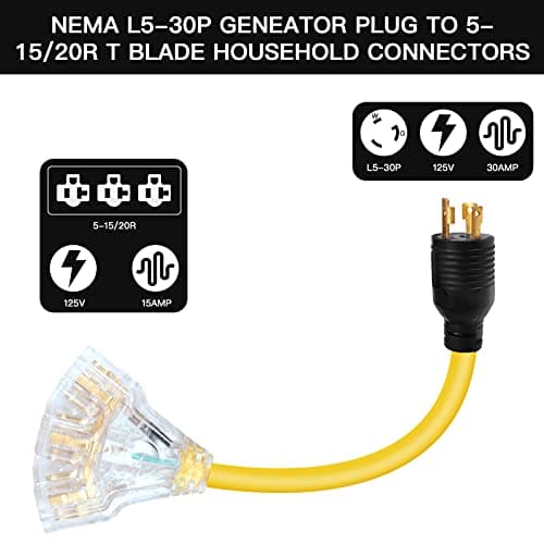 30 Amp to 110 Adapter Generator Power Cord, 3 Prong 30 Amp to 15 A Generator Adapter, Nema L5-30P Male Twist-Lock Power Plug to 3X 5-20R/5-15R 3-Way Outlet Female with Light Indicator