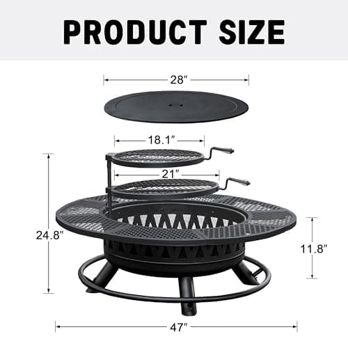 47 Inch Fire Pit with 2 Grills, Outdoor Extra Large Firepits for Outside, Wood Burning Fireplace for Camping,Picnic,Bonfire, 3-in-1 Round Metal Table with Lid for Backyard,Patio,Party